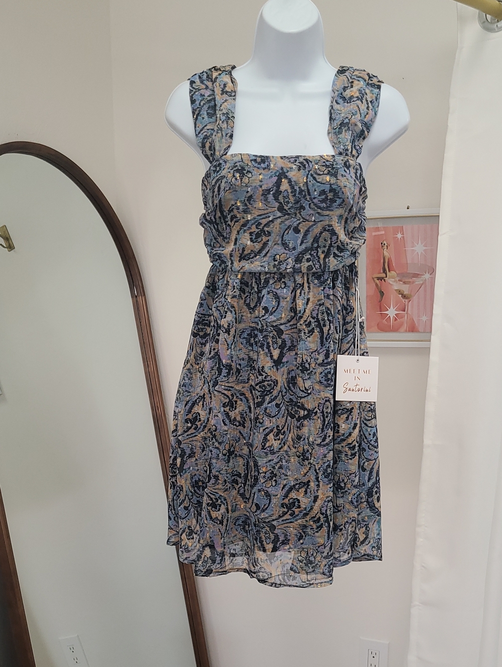 Smocked Square-Neck Mini Dress in Blue & Tan Paisley
